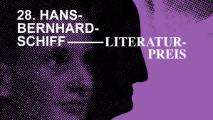 Hans-Bernhard-Schiff-Literaturpreis 2025 Grafik in schwarz und Lila mit einem stilisierten Gesicht und der weißen Aufschrift 28. Hans Bernhard Schiff Literaturpreis