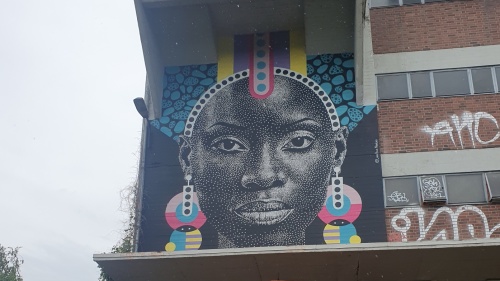 Ladybug - Urban Art Work Gesicht auf den Mauern am Osthafen dargestellt mit pointillistischer Technik einer fiktiven Person