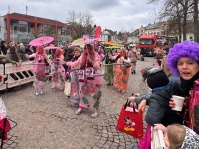 ine kostümierte Frau mit lila Perücke steht am Straßenrand, während im Hintergrund weitere verkleidete Gruppen vorbeiziehen.