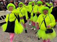 Eine Gruppe kostümierter Personen mit grünen Perücken posiert für ein Selfie vor einer Menschenmenge hinter Absperrungen.